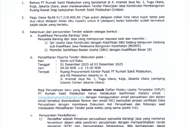 TENDER PEKERJAAN JASA KONSTRUKSI PEMBANGUNAN RUANG RAWAT INAP KEBUTUHAN RUMAH SAKIT PELABUHAN CIREBON